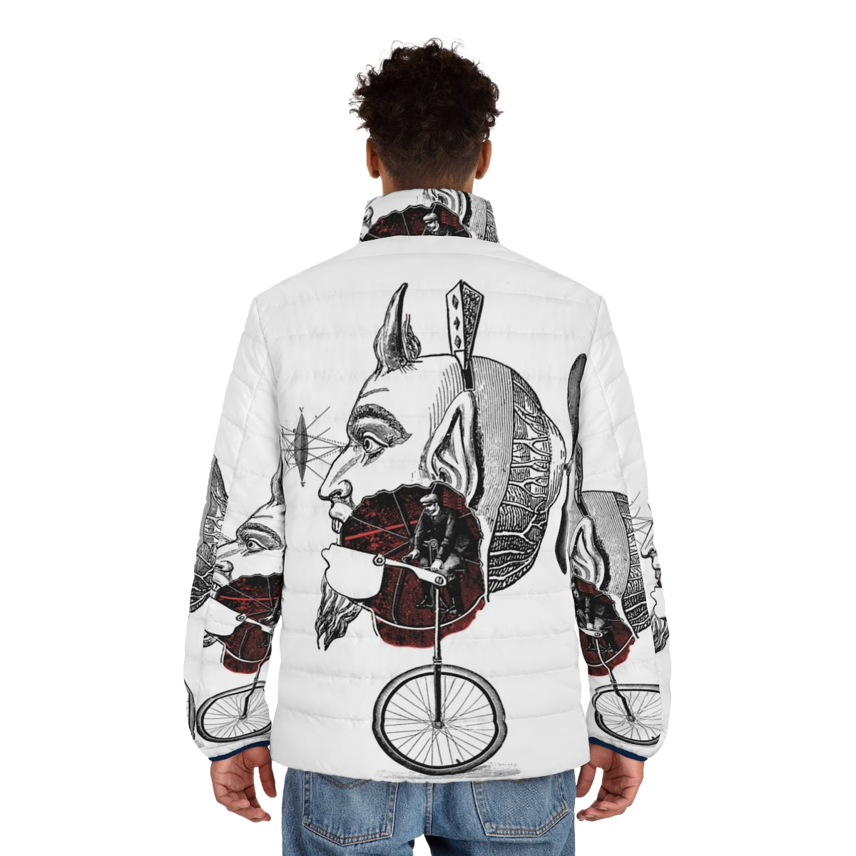 Occult gothic metal puffer jacket with skeleton, tarot, and inferno design - men back