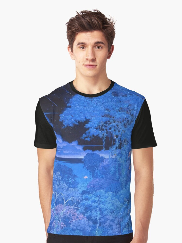 Hiroo Isono's detailed nature art t-shirt featuring vibrant watercolor paintings of wildlife and fantasy landscapes - Men