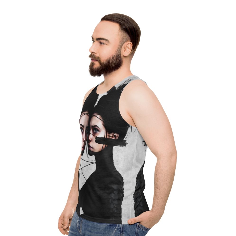 Gemini zodiac unisex tank top featuring surrealistic portrait art - men side