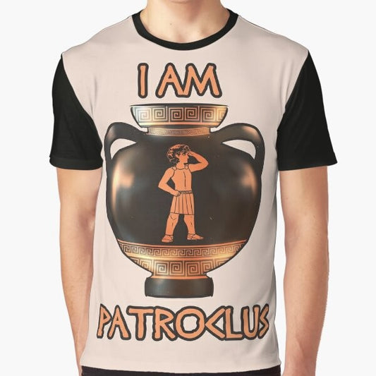 Graphic T-shirt featuring Achilles and Patroclus, inspired by Greek mythology and the Iliad