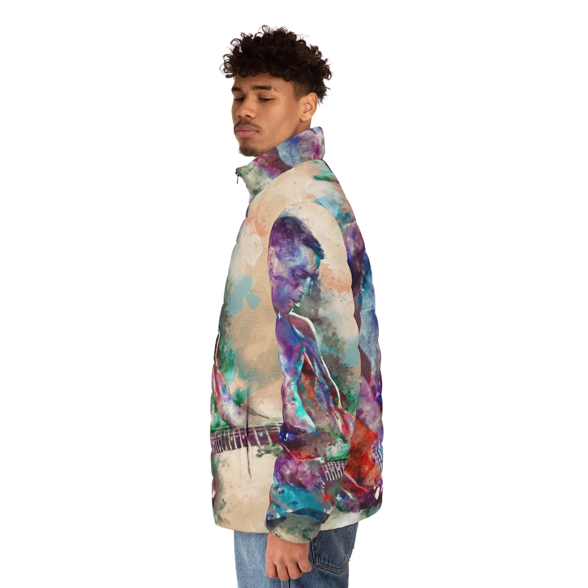 A vibrant, graphic puffer jacket featuring a guitar design, perfect for music lovers. - men side left