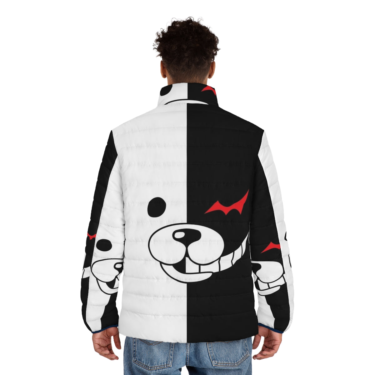 Monokuma Danganronpa Puffer Jacket with black and white bear design - men back