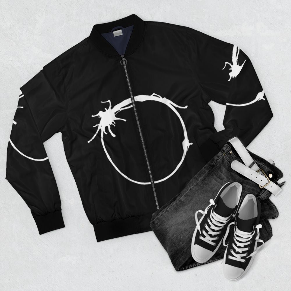 Arrival Heptapod Alien Bomber Jacket with Calligraphy Symbols - Flat lay