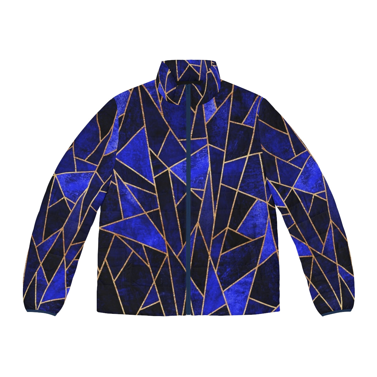 Shattered Sapphire Puffer Jacket with Geometric and Abstract Design