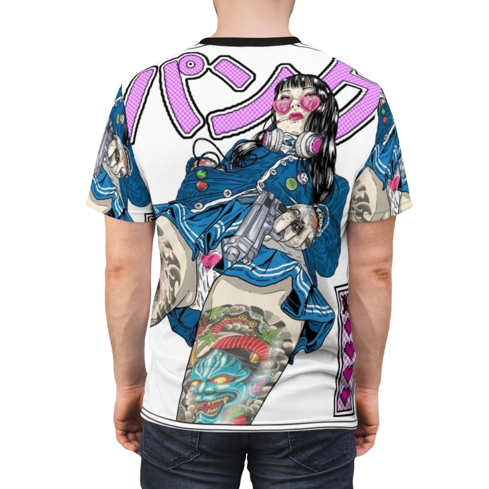 Artistic all-over-print t-shirt design featuring punk rock, Japanese, and pop culture elements - men back