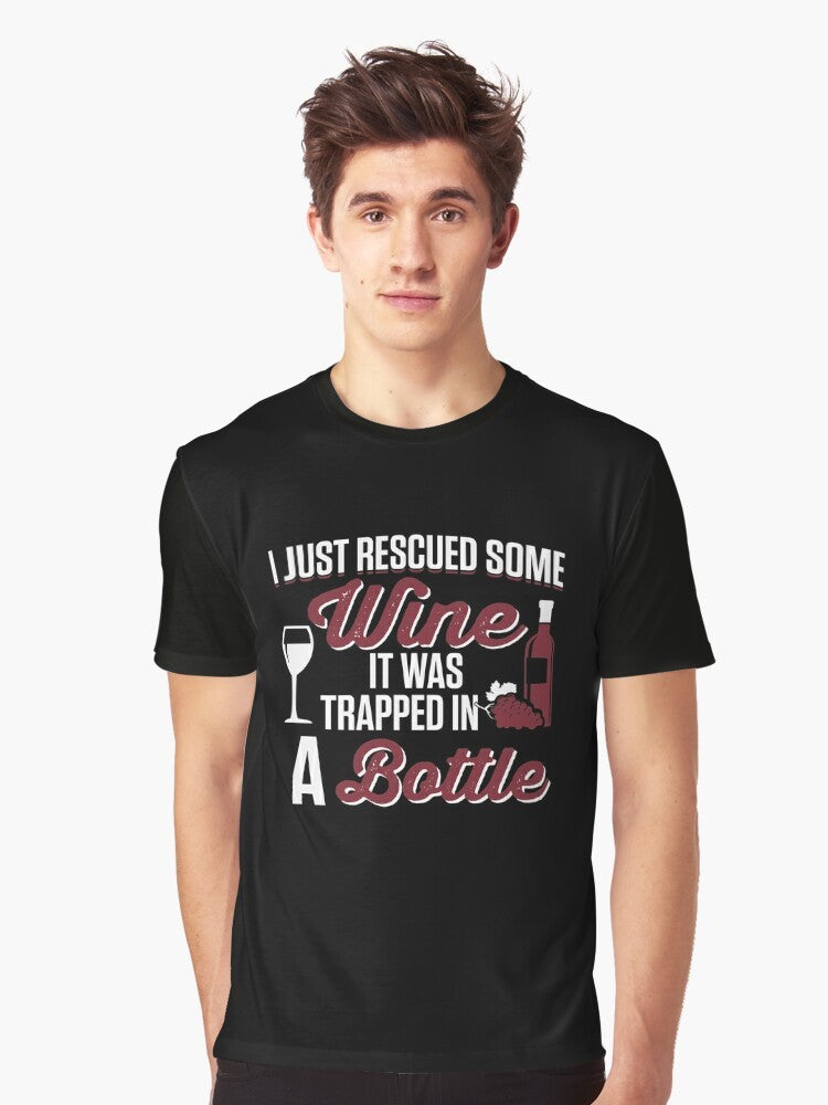 "I Just Rescued Some Wine It Was Trapped In A Bottle" wine-themed graphic t-shirt - Men