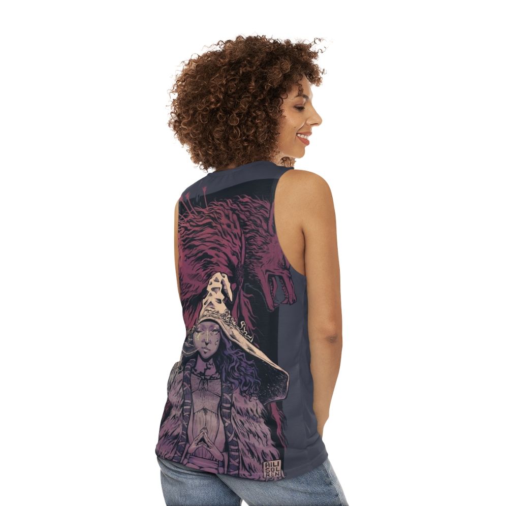 Desaturated unisex tank top featuring Ranni and Blaidd from Elden Ring - women back