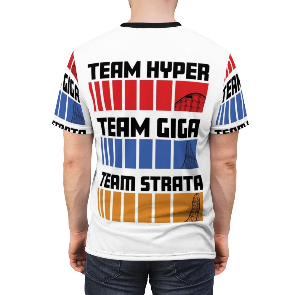 Hyper Giga Strata Roller Coaster Enthusiast T-Shirt with Magnum XL 200, Millennium Force, and Top Thrill Dragster Design - men back