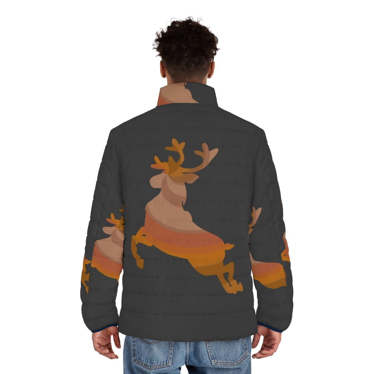 Reindeer puffer jacket with abstract, colorful design featuring legendary animals - men back