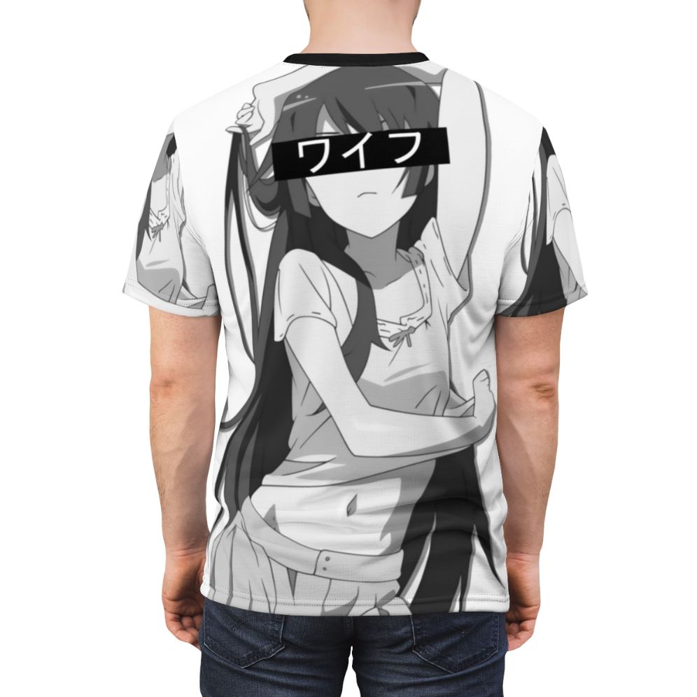 Anime-style t-shirt featuring Senjougahara Hitagi from the Monogatari series - men back