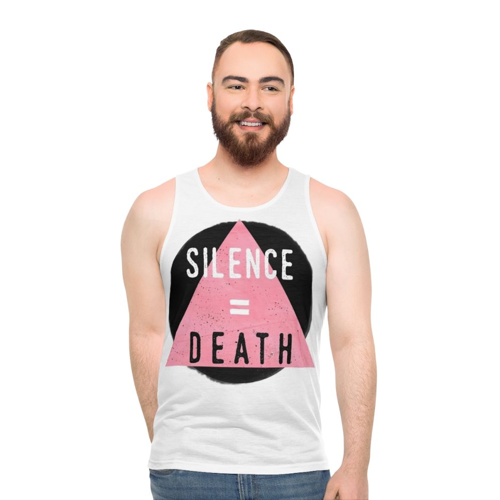 Unisex tank top with "Silence Death" design for LGBTQ+ and HIV/AIDS awareness - men