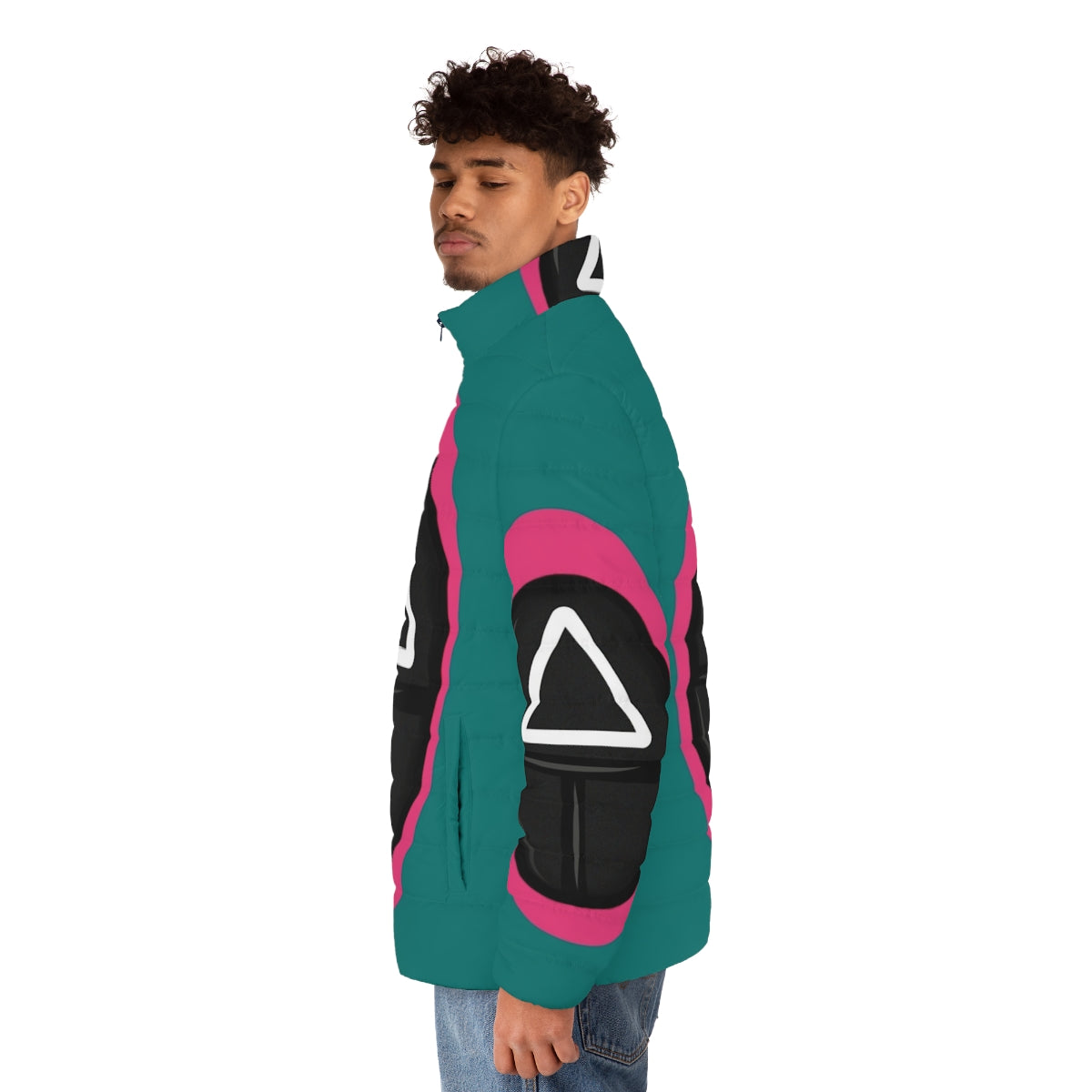 Squid Game Puffer Jacket featuring the iconic pink soldier uniform - men side left