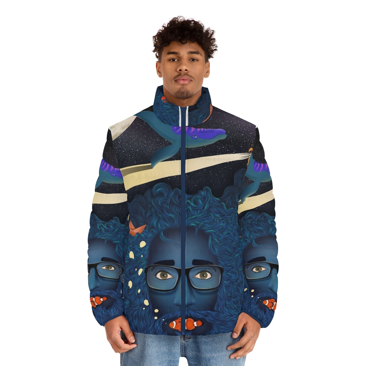 Deep Thoughts Puffer Jacket with Calma Art Design - Fantasy Ocean Theme - men front