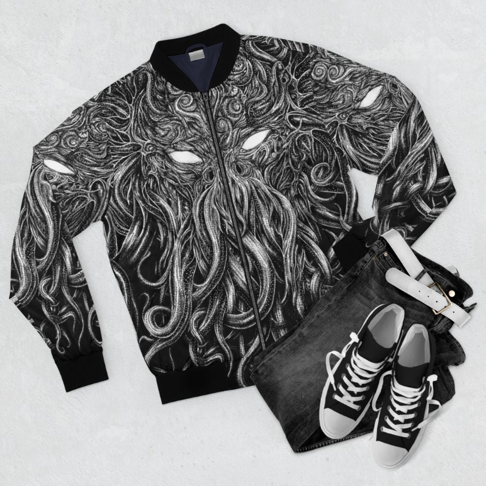 Lovecraft-inspired bomber jacket with dark gothic and occult design elements - Flat lay