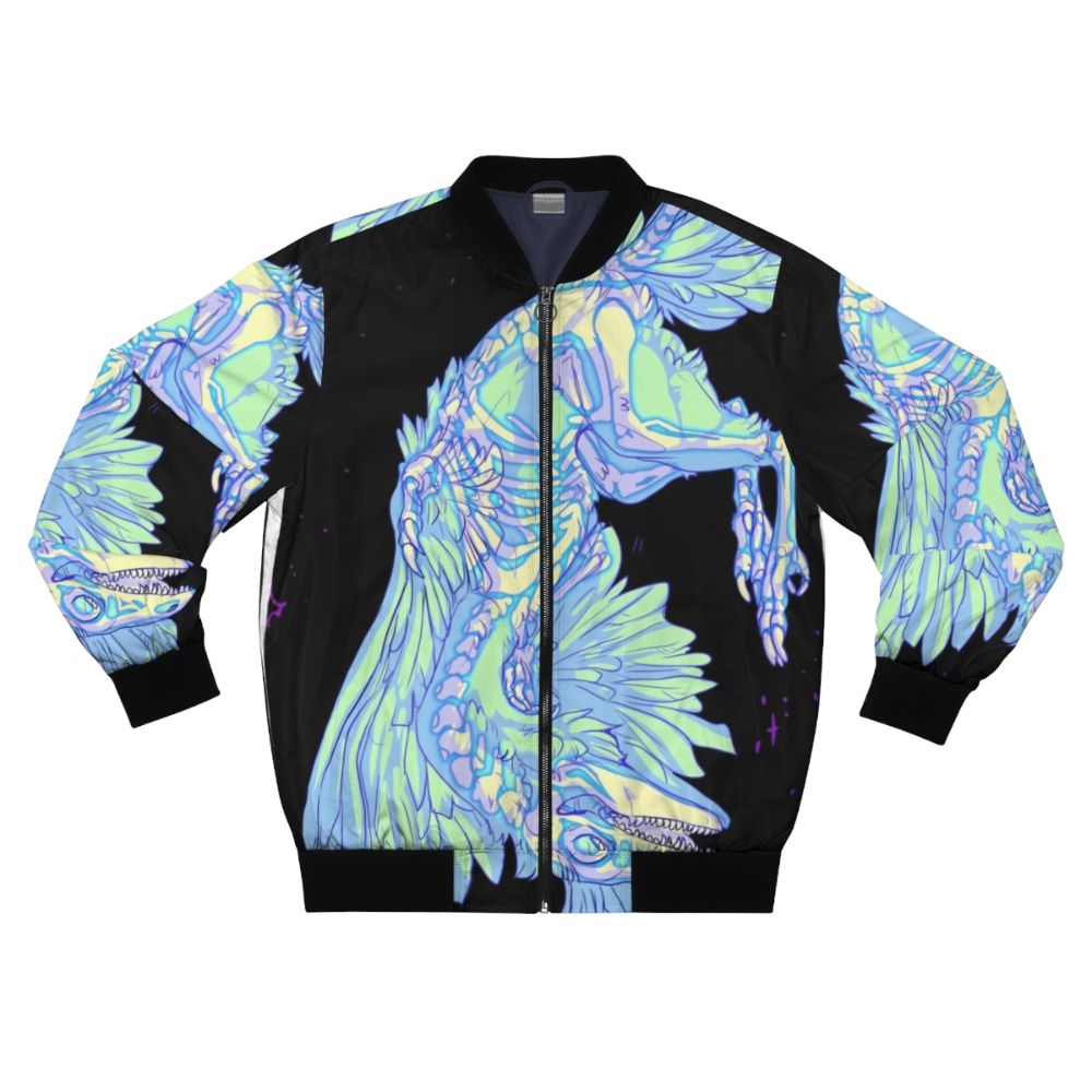 Archaeopteryx glow in the dark dinosaur-themed bomber jacket with stars and cosmic design