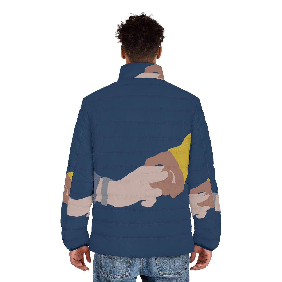 "What Will Happen To Us I Don't Know" Young Royals inspired puffer jacket with minimal line art design - men back