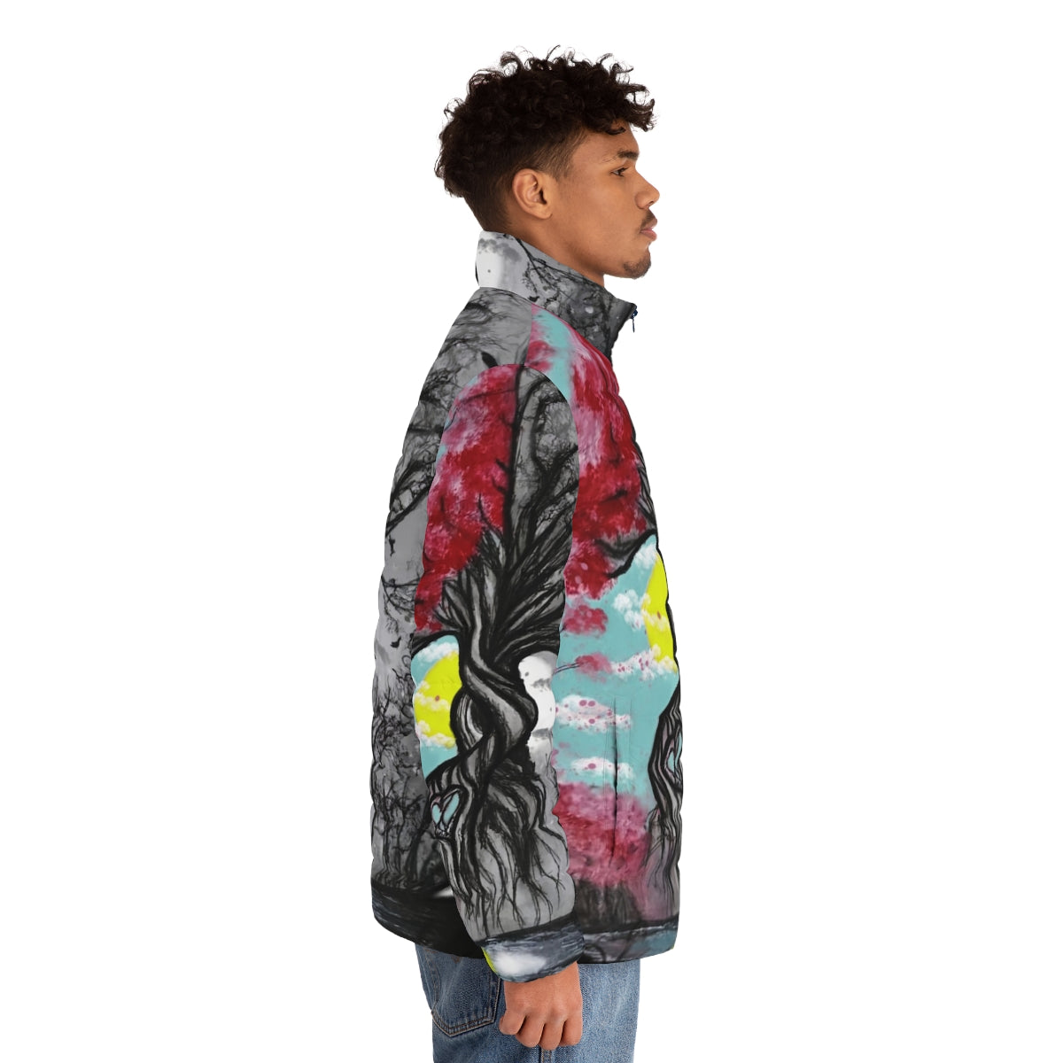 A puffer jacket featuring the symbolism of the Tree of Life, representing the circle of life. - men side right