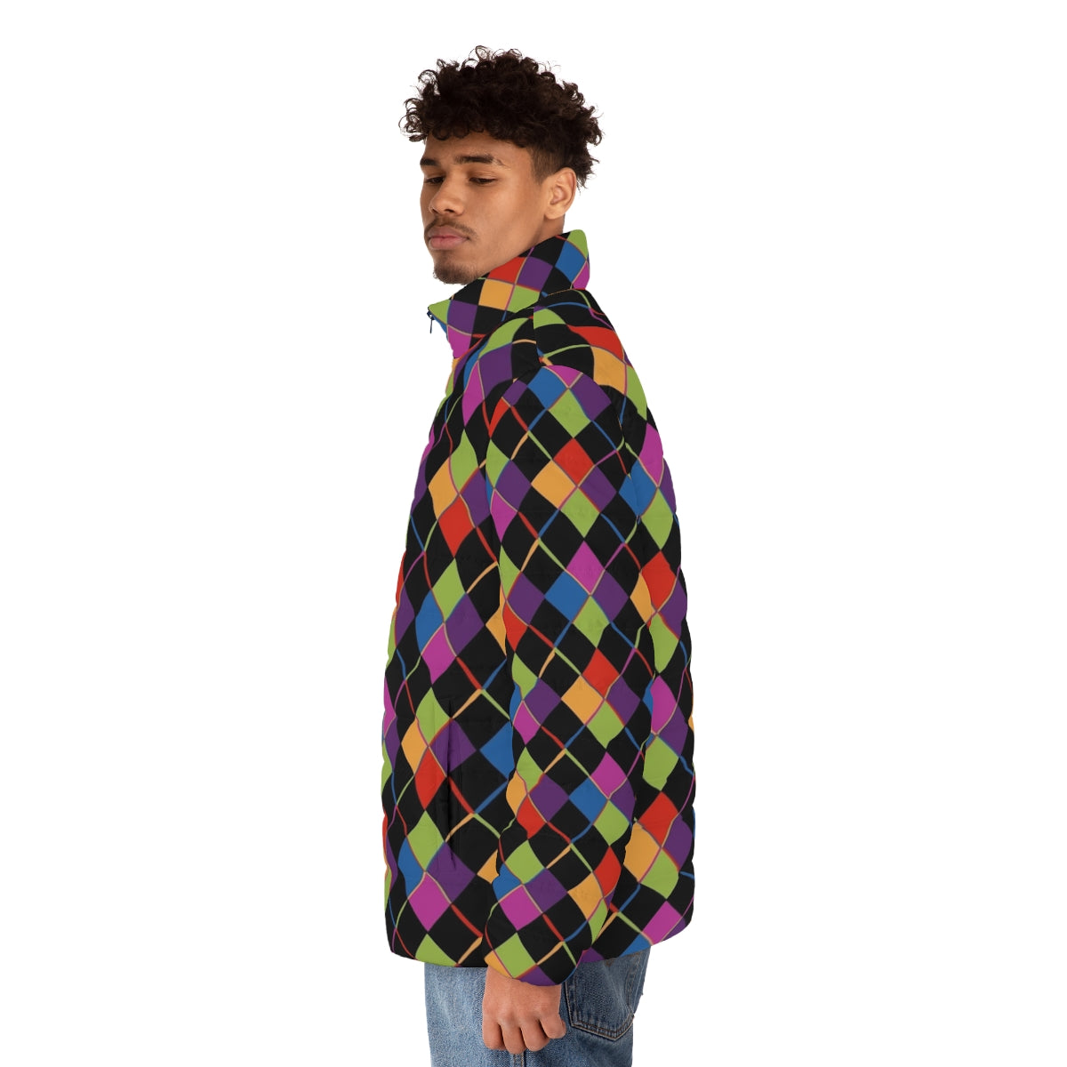 Colorful 1980s-inspired puffer jacket with a bold rainbow diamond pattern - men side left