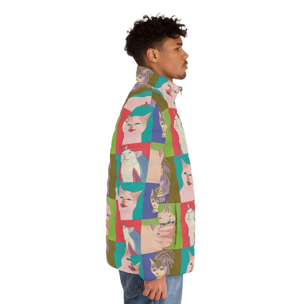 Four meme cats of the apocalypse on a puffer jacket with pop art design - men side right