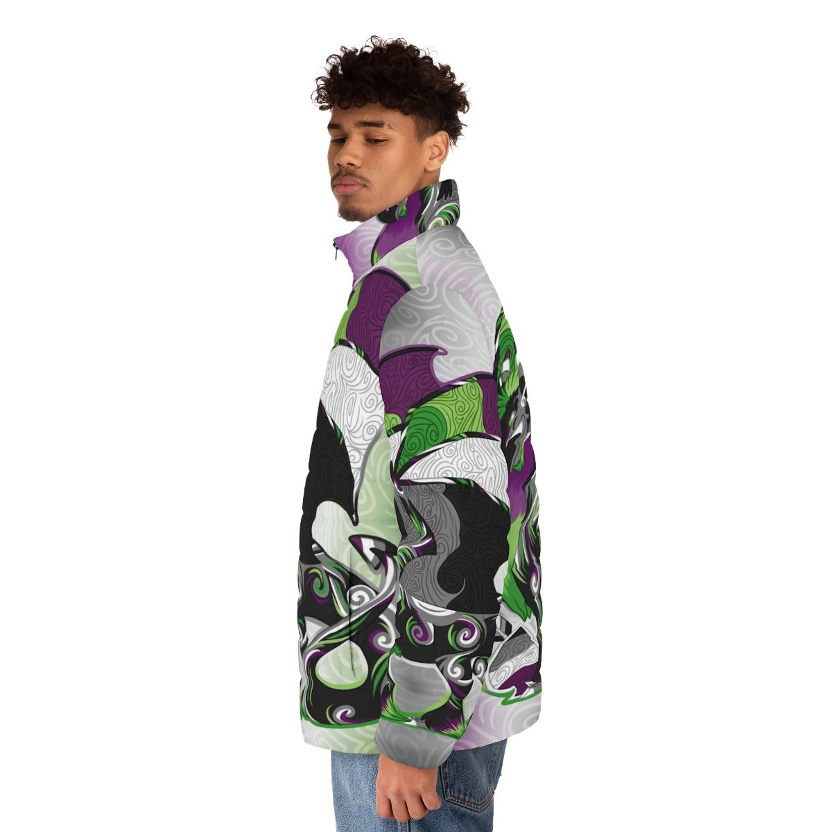 Aro ace pride dragon puffer jacket with LGBTQ+ and queer design - men side left