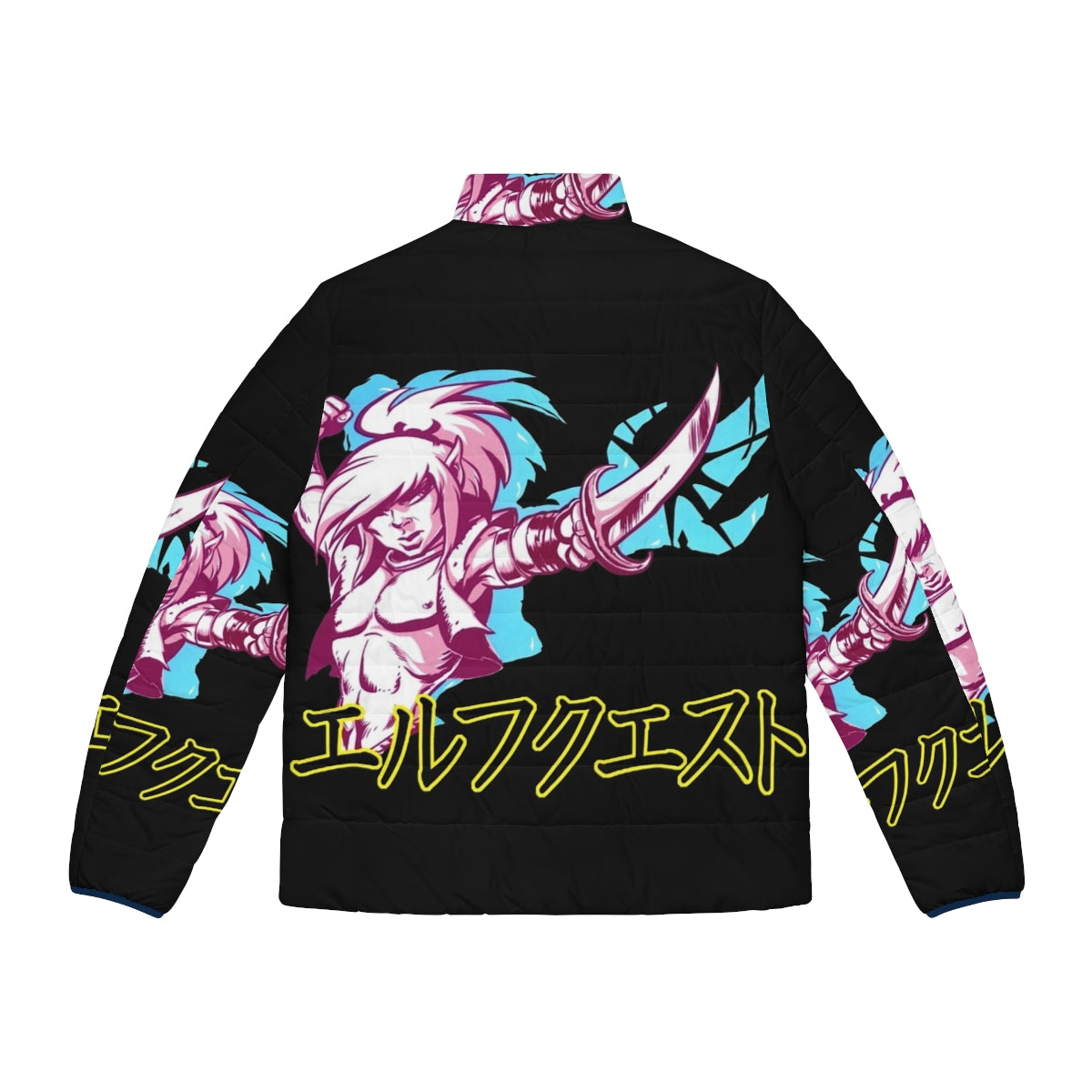 Elfquest Katakana Puffer Jacket featuring fantasy art and characters - Back