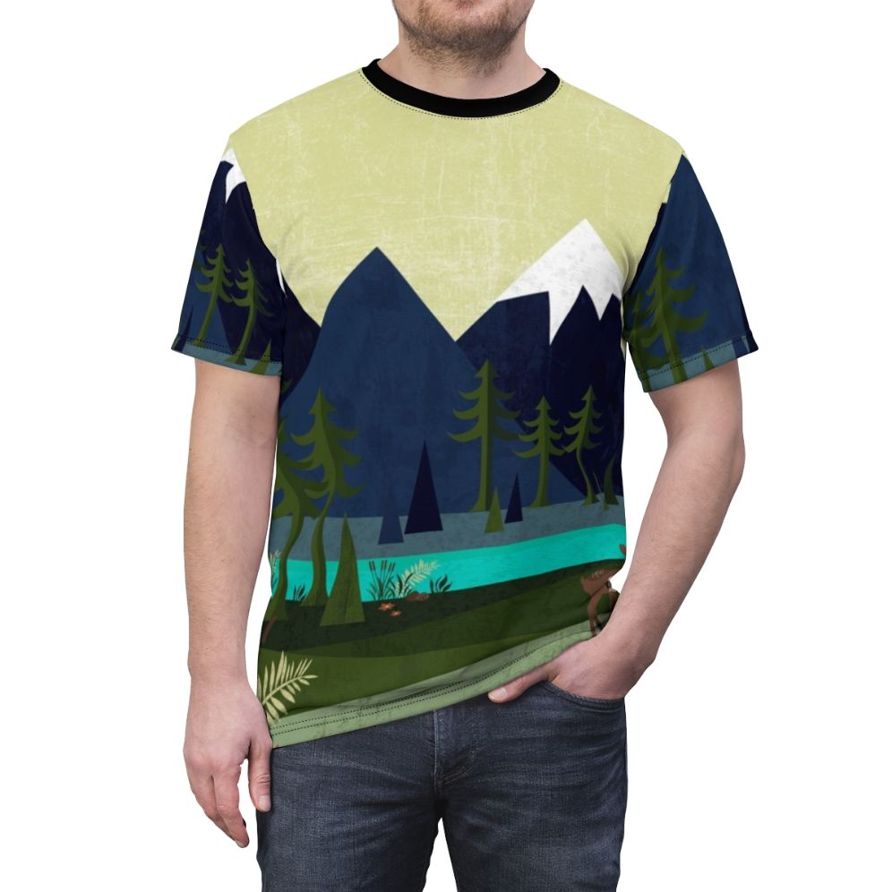 T-shirt featuring a serene nature landscape with deer, trees, and a river - men front