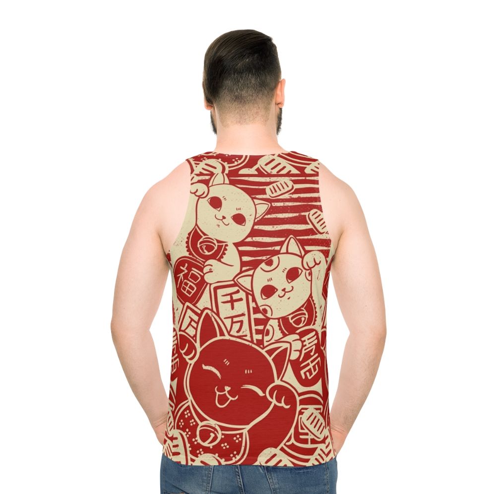 Maneki Neko inspired unisex tank top with kawaii cat design - men back