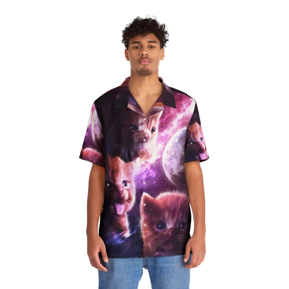 Celestial Cat Hawaiian Shirt with Moon Print - People Front