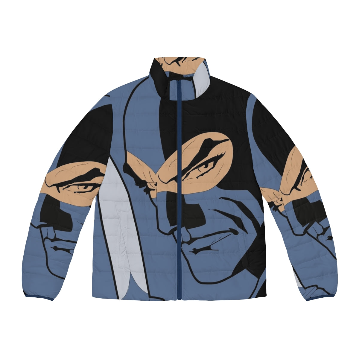 Diabolik Art Puffer Jacket featuring iconic Italian comic book character design