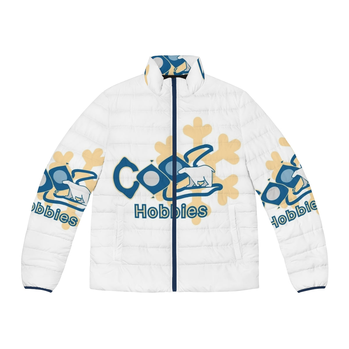 Puffer jacket with hobbies-themed design