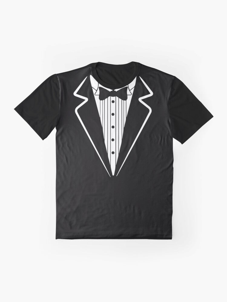 Tuxedo bow tie graphic t-shirt with a stylish and humorous design - Flat lay