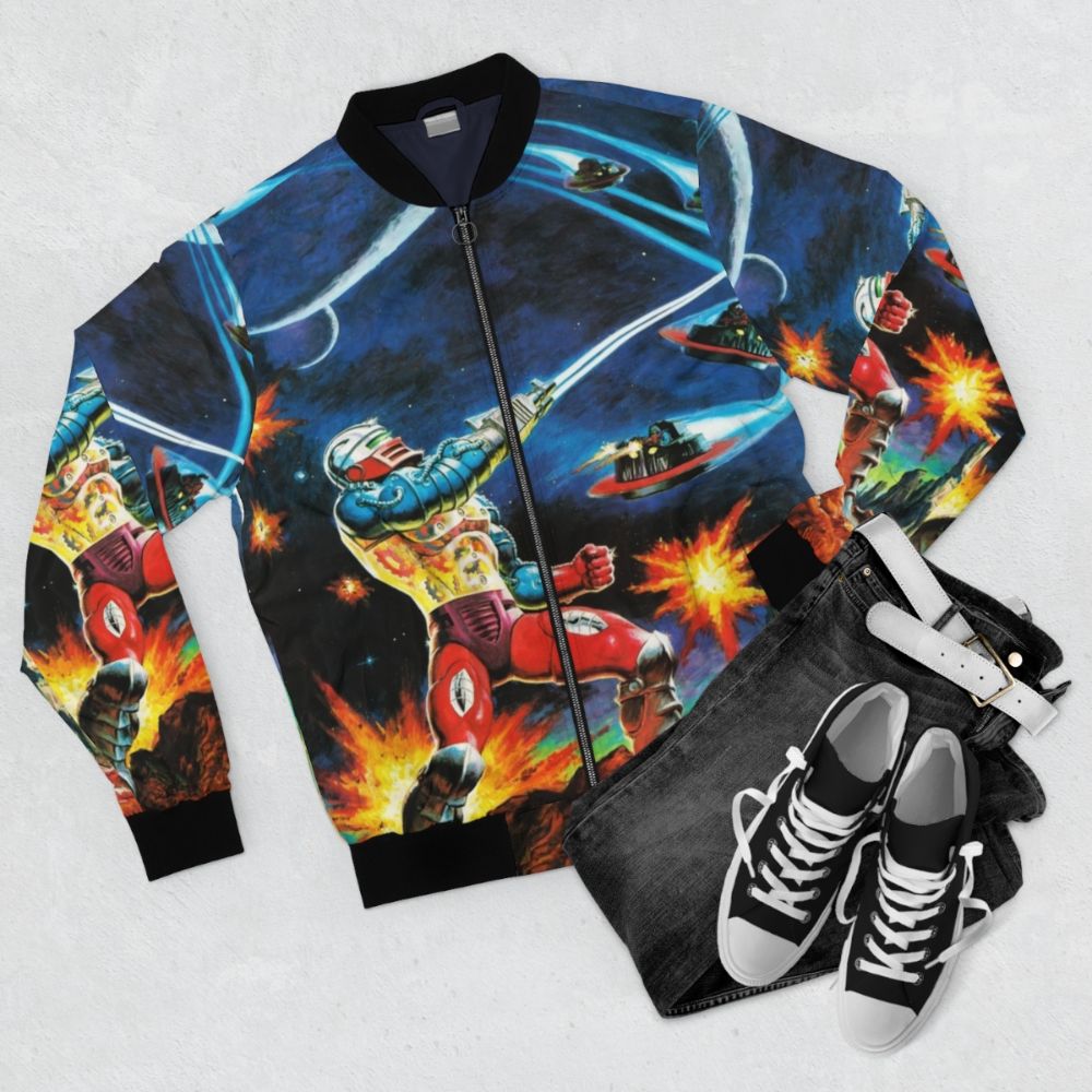 Masters of the Universe 80s-inspired bomber jacket featuring He-Man and the Eternia characters - Flat lay