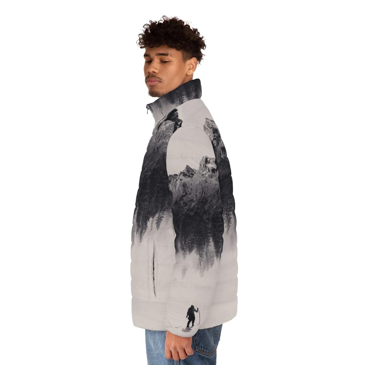 Adventure-Ready Puffer Jacket with Surreal Landscape - men side left