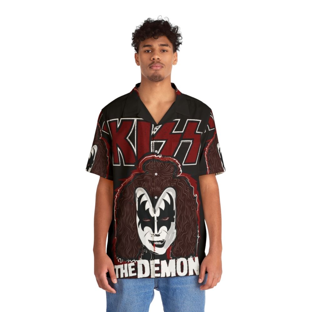 Demon Kiss Hawaiian Shirt featuring the iconic KISS band logo - People Front