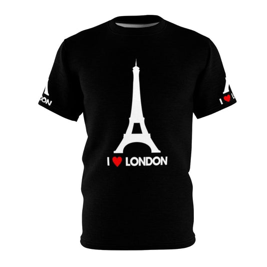 Person wearing a t-shirt with a graphic design of the Eiffel Tower and the text "I Heart London"