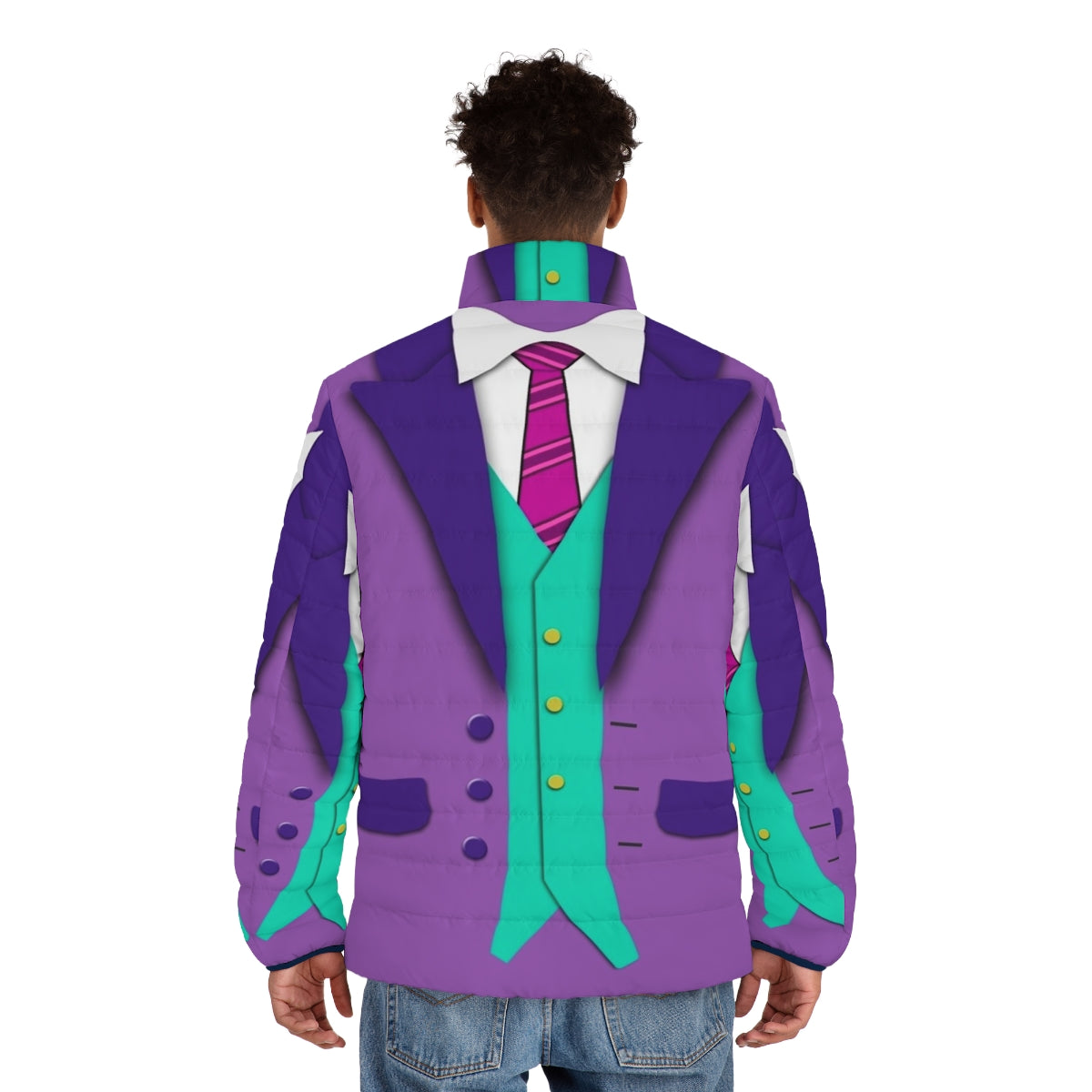 Colorful puffer jacket with suit, tie, and vest - men back