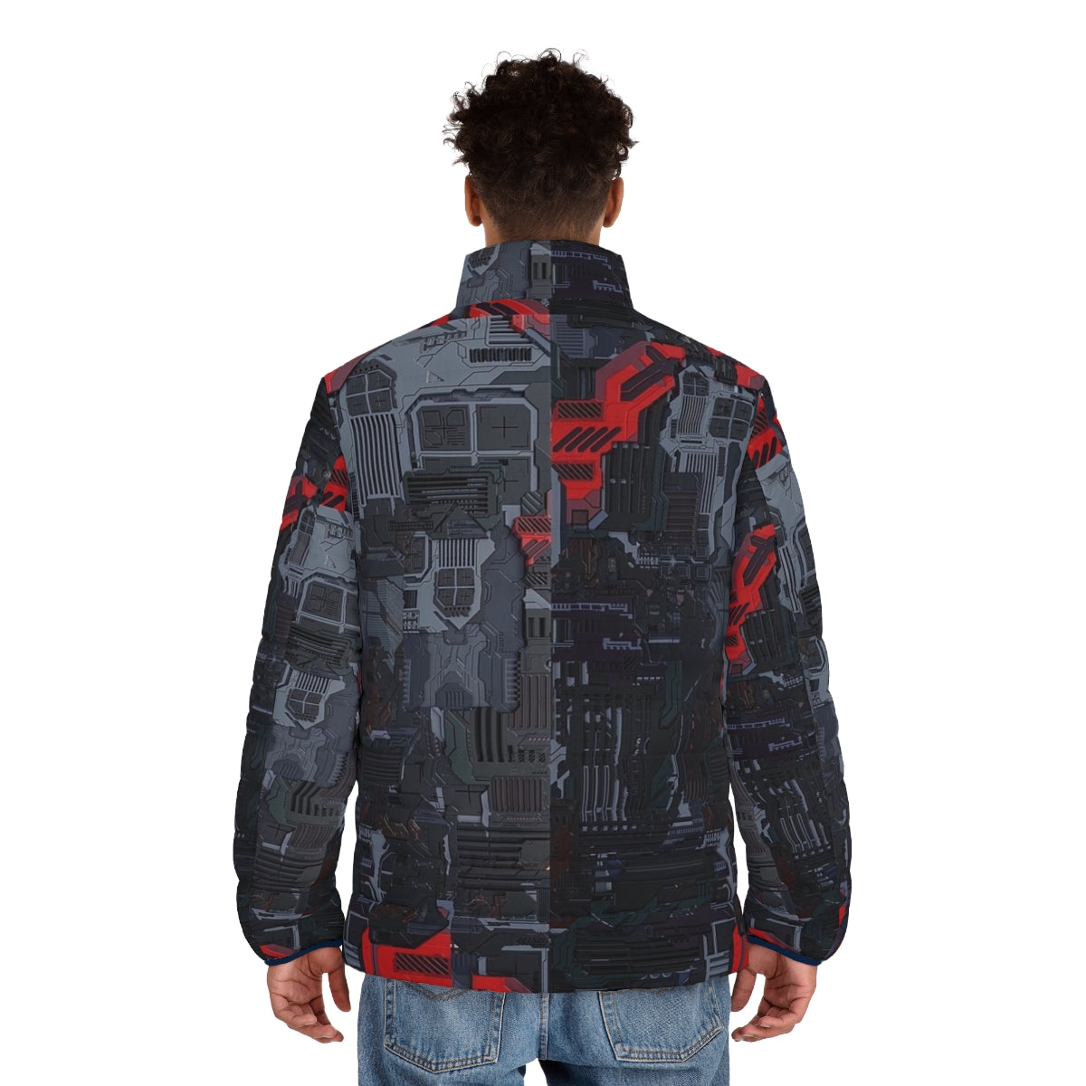 High-tech puffer jacket with circuit board and digital pattern - men back