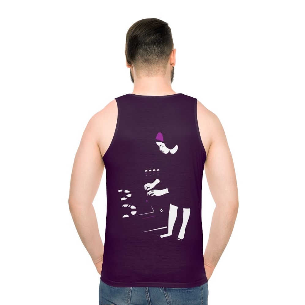 Delia Derbyshire electronic music pioneer portrait on unisex tank top - men back