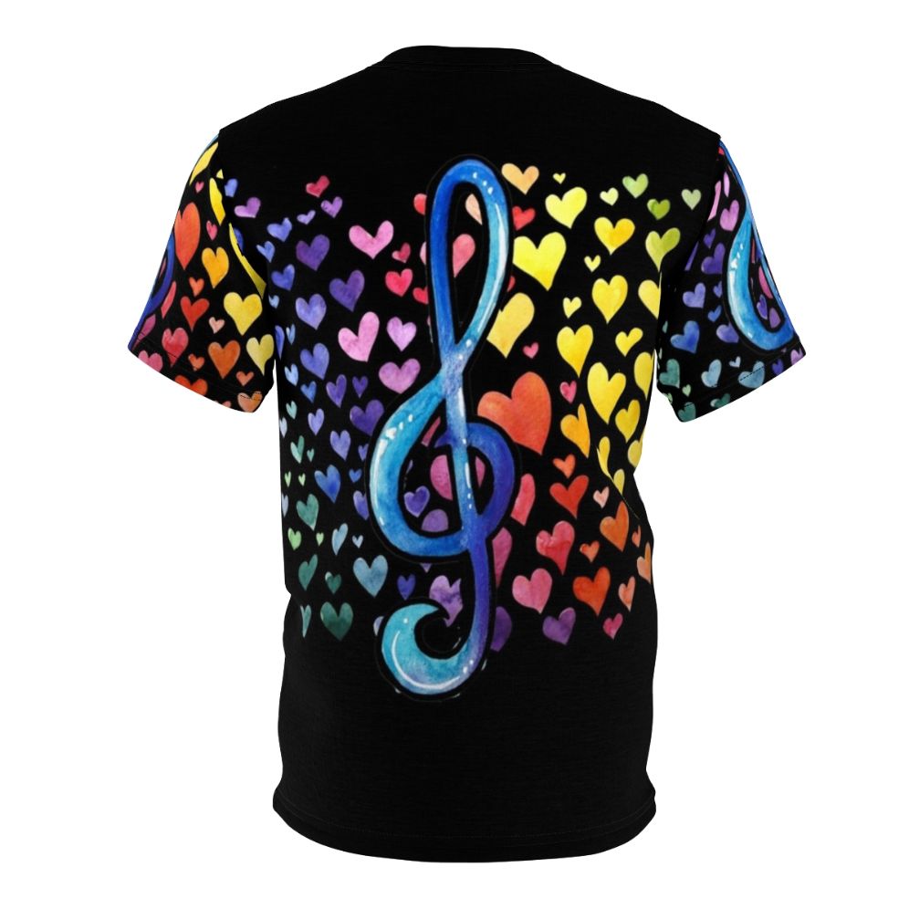 Colorful t-shirt design featuring a heart and musical notes representing the love of music - Back