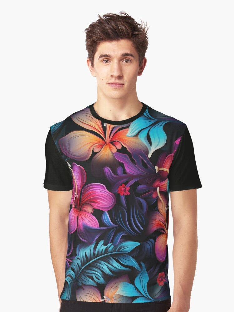 A graphic t-shirt featuring a tropical Hawaiian-inspired pattern with bioluminescent flowers and plants. - Men