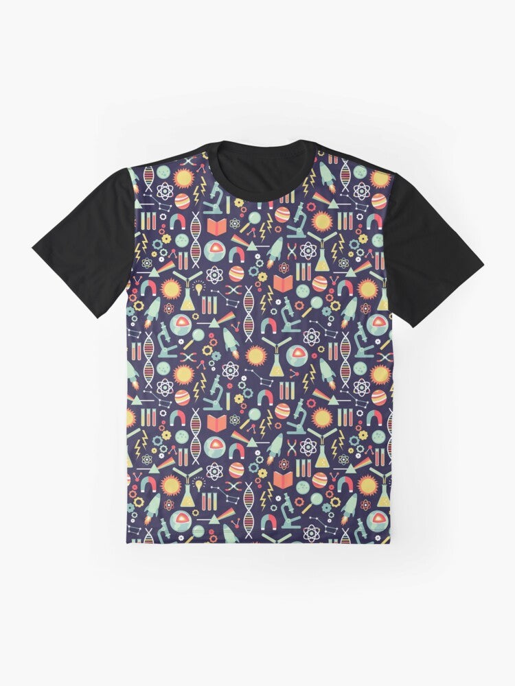 Science Studies Graphic T-Shirt featuring a colorful damask pattern with laboratory equipment symbols like beakers and test tubes. - Flat lay