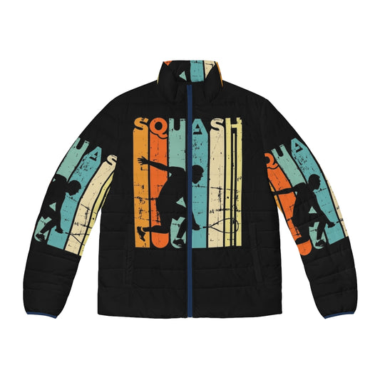 Retro-style puffer jacket with squash and tennis player graphics