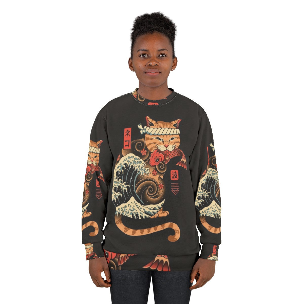 Catana Wave Sweatshirt featuring cats and the iconic Great Wave painting - women