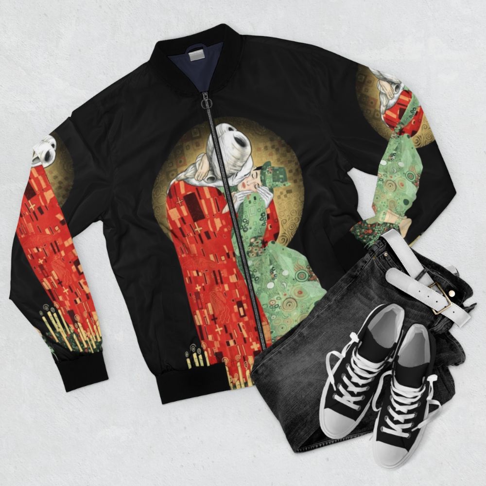 Bloody Kiss Vampire Bomber Jacket - Romantic Gothic Horror Design Featuring Mina and Dracula Kiss - Flat lay