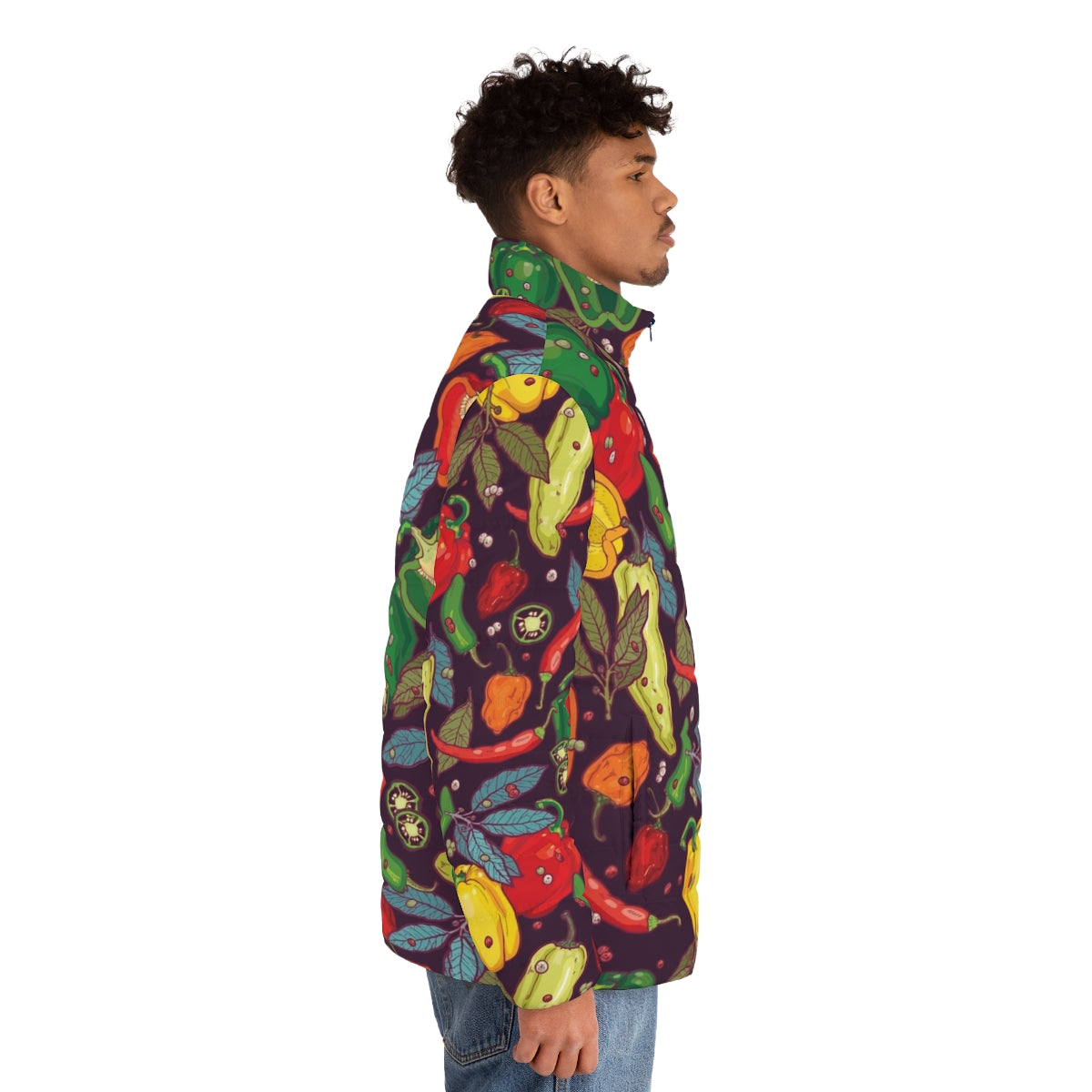 Spicy Hot Puffer Jacket with Vibrant Pepper Pattern - men side right