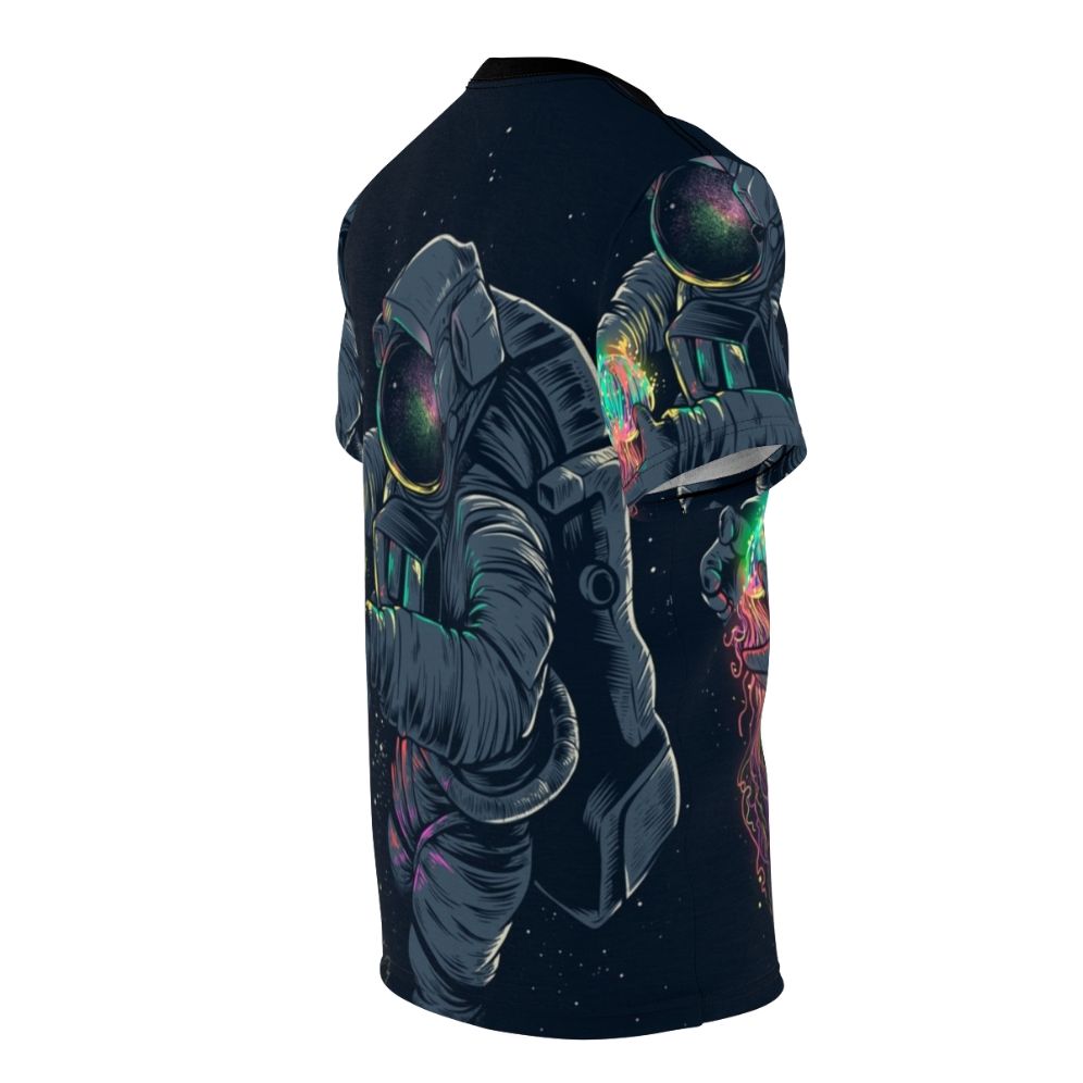 Model wearing a t-shirt featuring a colorful, intergalactic jellyfish design against a starry space backdrop. - men right