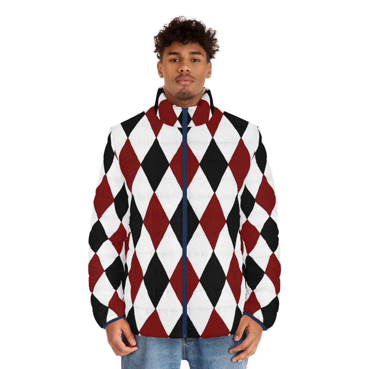 Black, white, and red harlequin puffer jacket with a classic diamond pattern design - men front