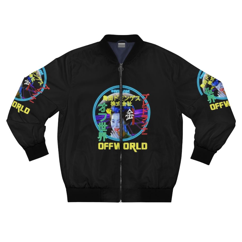 Futuristic Blade Runner sci-fi inspired bomber jacket with neon elements and retro design