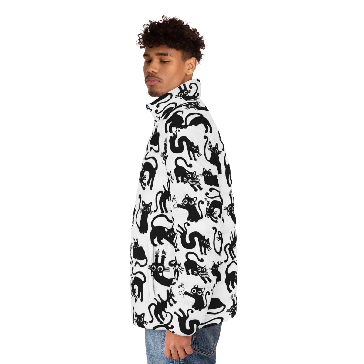 Cozy cat puffer jacket in a simple black and white lineart pattern - men side left