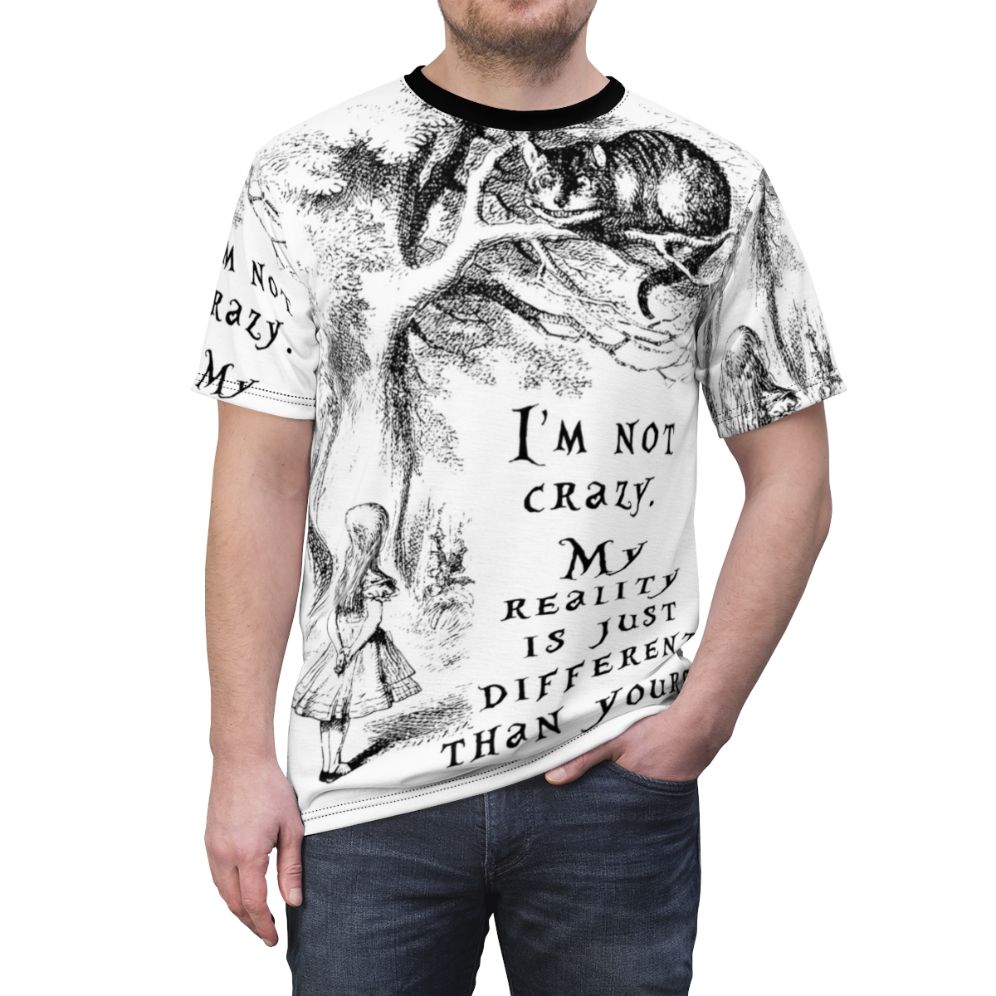 Alice in Wonderland inspired t-shirt with Cheshire Cat, Mad Hatter, and fantasy quote design - men front